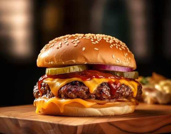 Delicius cheeseburger on wooden board 